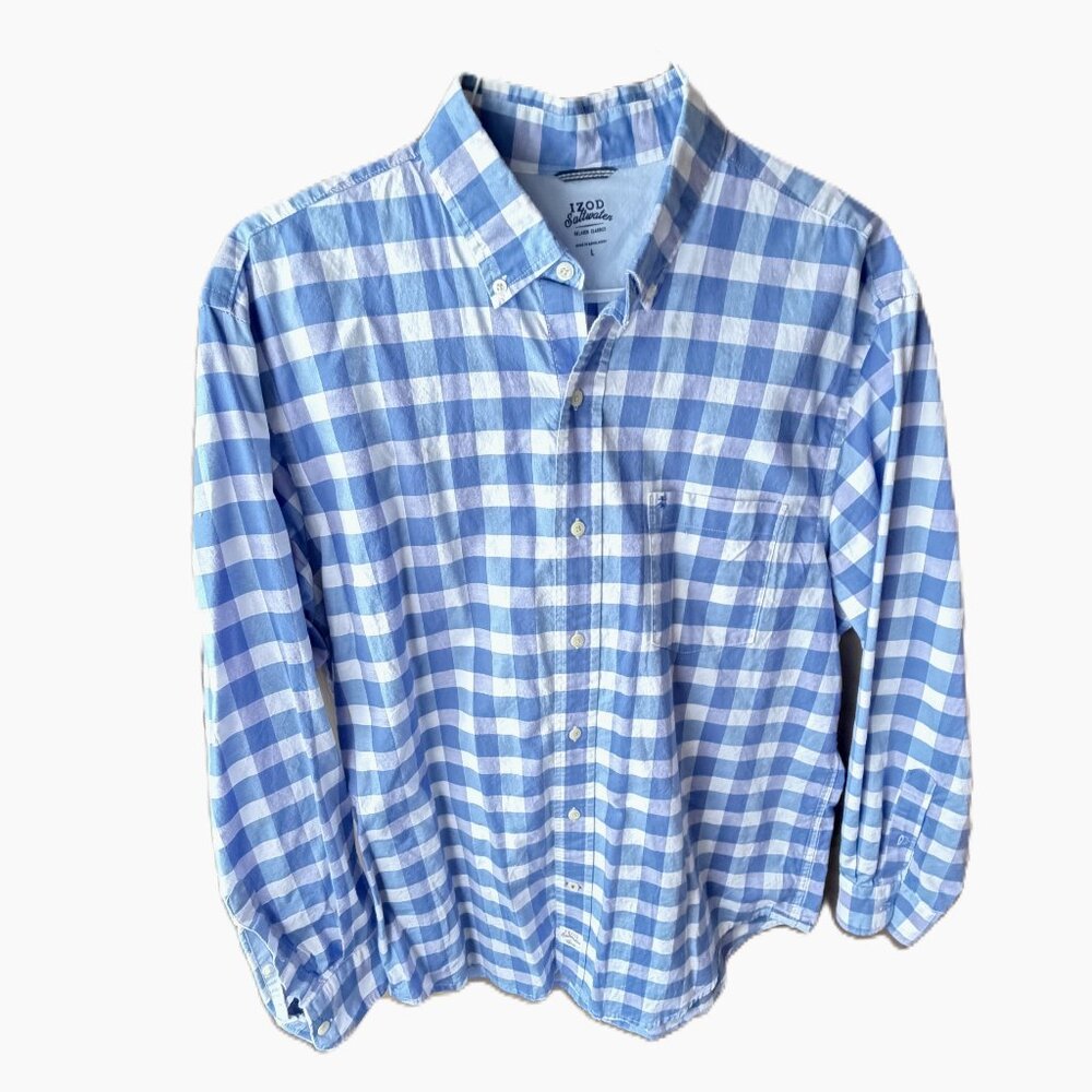 Izod Saltwater Series Blue & White Casual LS Shirt - Size Large